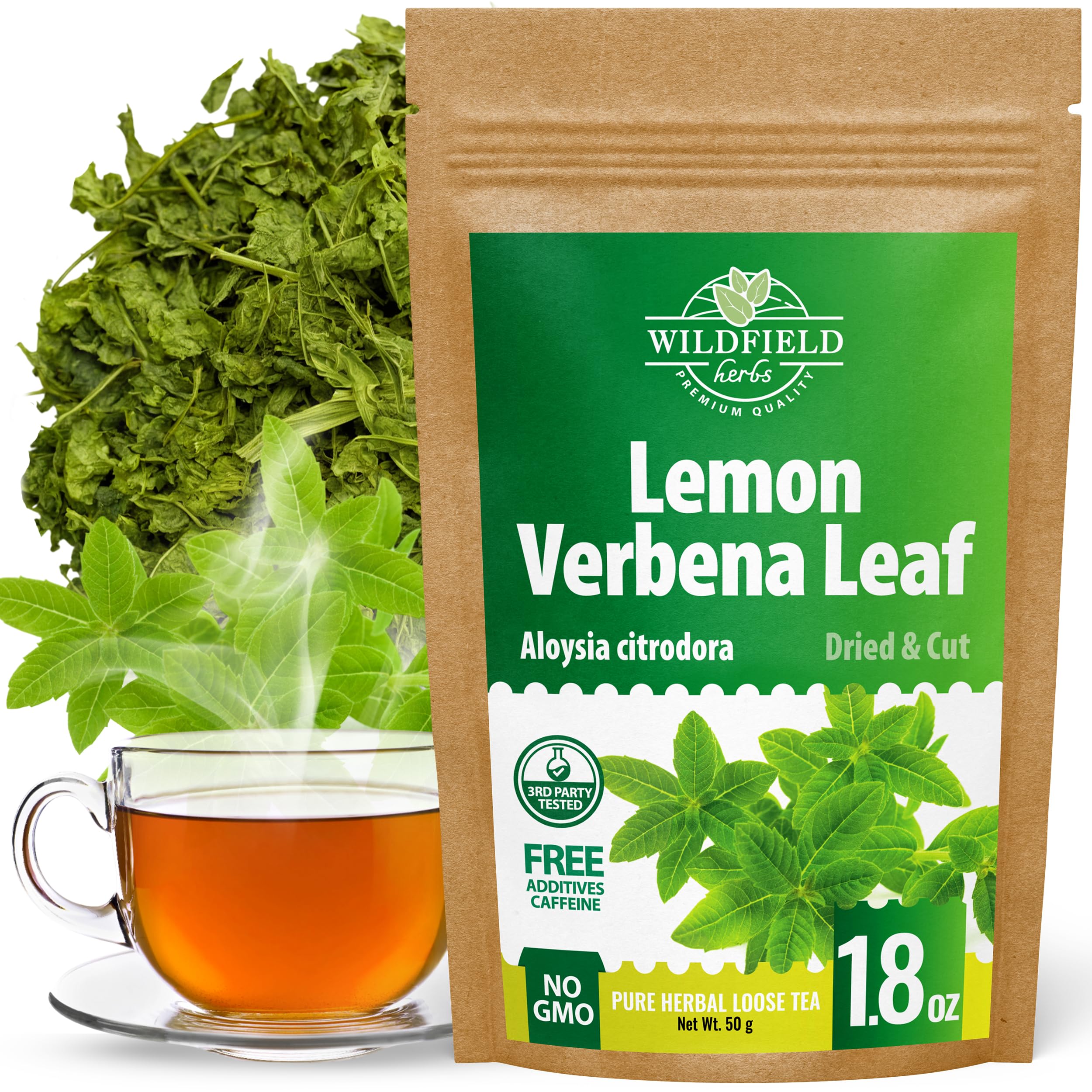 Wildfield Herbs Lemon Verbena Tea box with label, ready to enjoy a fragrant cup