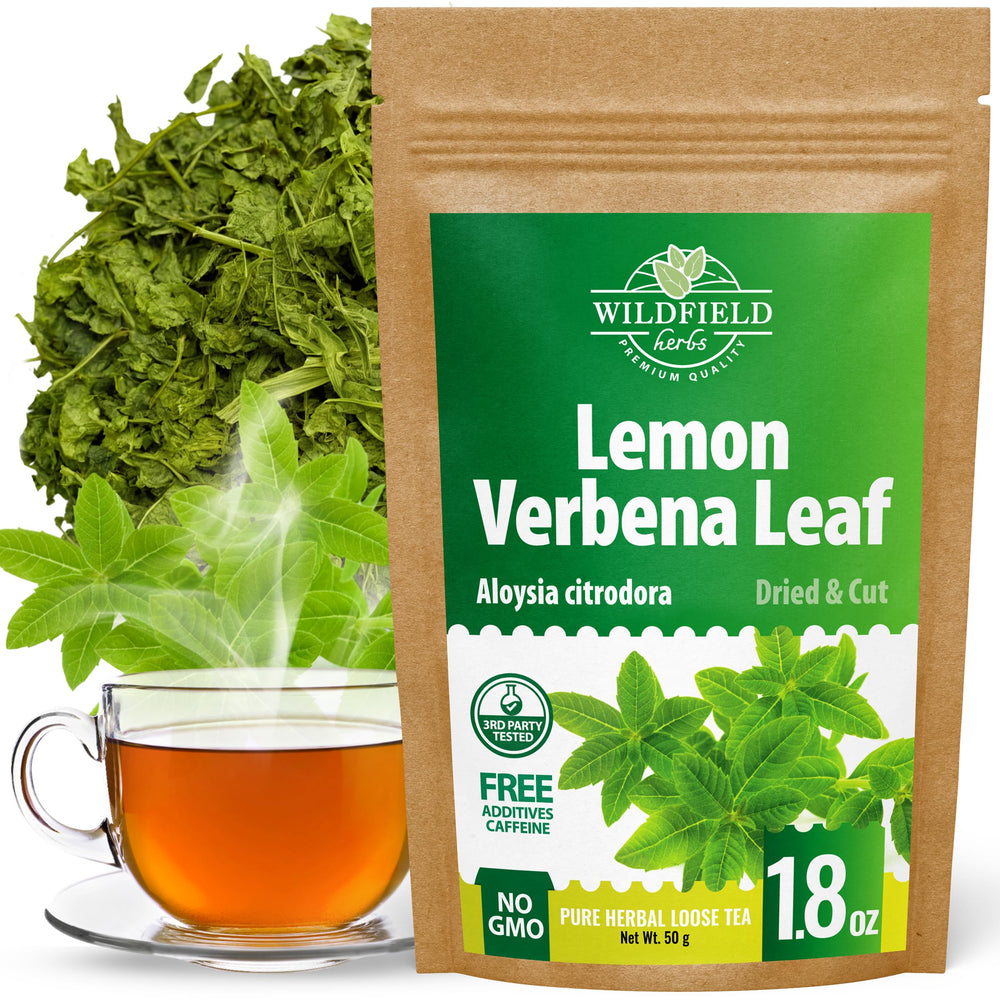 Wildfield Herbs Lemon Verbena Tea box with label, ready to enjoy a fragrant cup