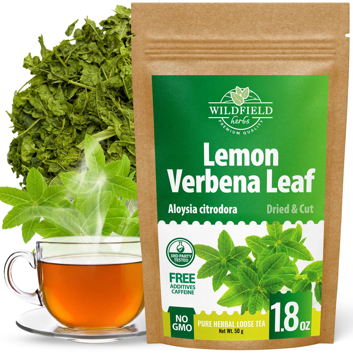 Wildfield Herbs Lemon Verbena Tea box with label, ready to enjoy a fragrant cup