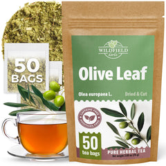WILDFIELD HERBS olive leaf tea package with 50 sachets ready for brewing