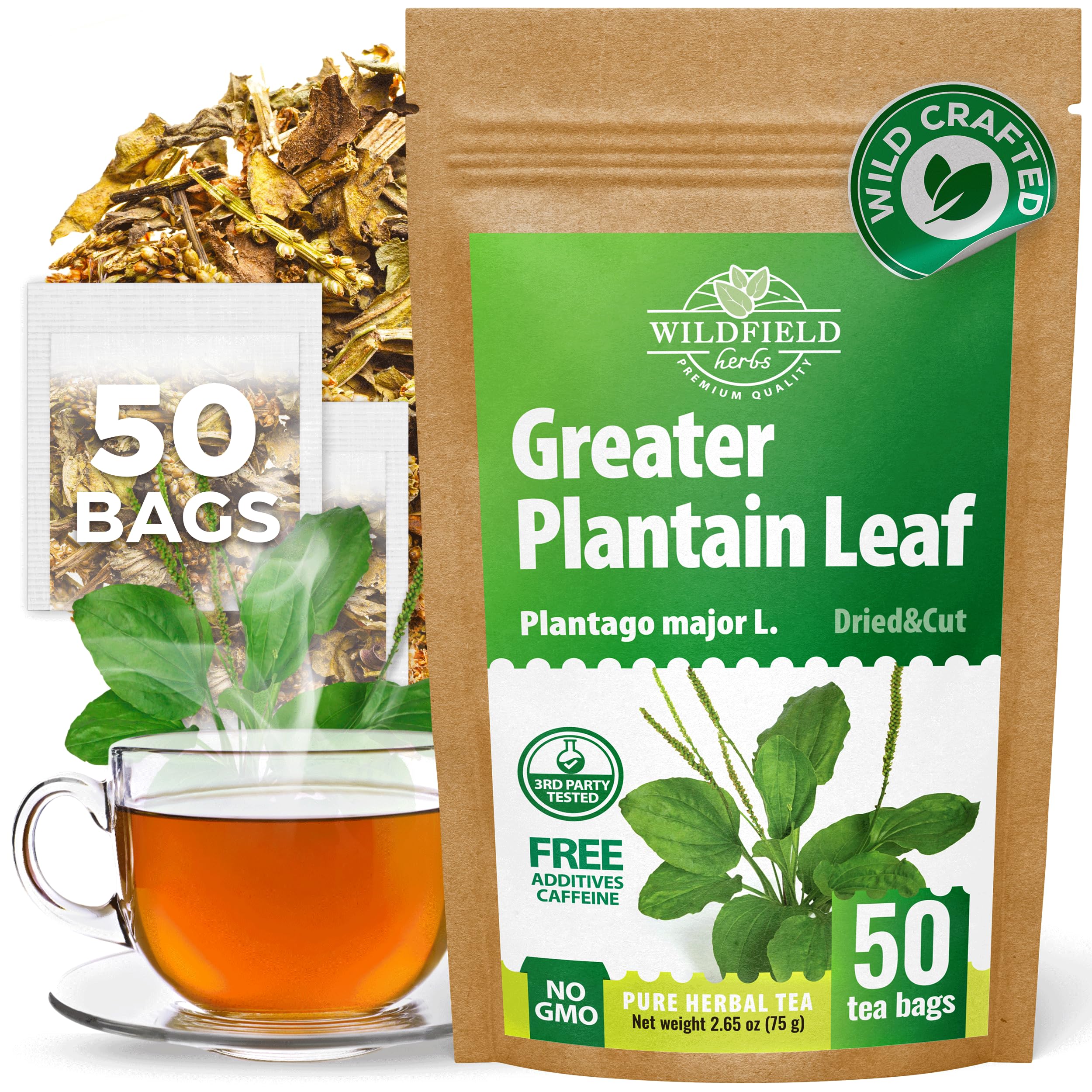 Wildfield Herbs Plantain Tea box front, ready for daily use in your kitchen ritual.