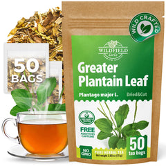 Wildfield Herbs Plantain Tea box front, ready for daily use in your kitchen ritual.