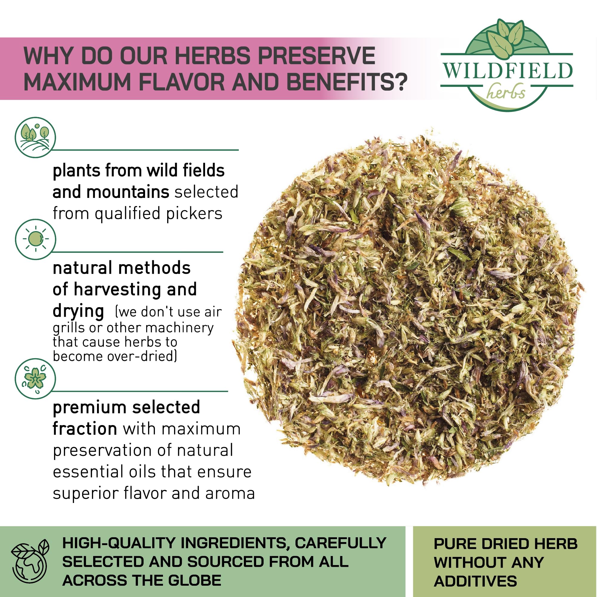 WILDFIELD HERBS red clover tea packaging close-up highlighting freshness
