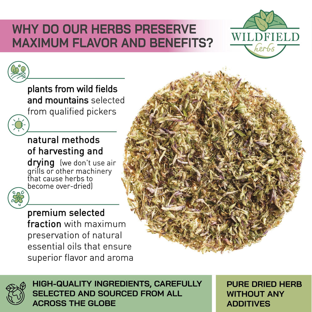 WILDFIELD HERBS red clover tea packaging close-up highlighting freshness