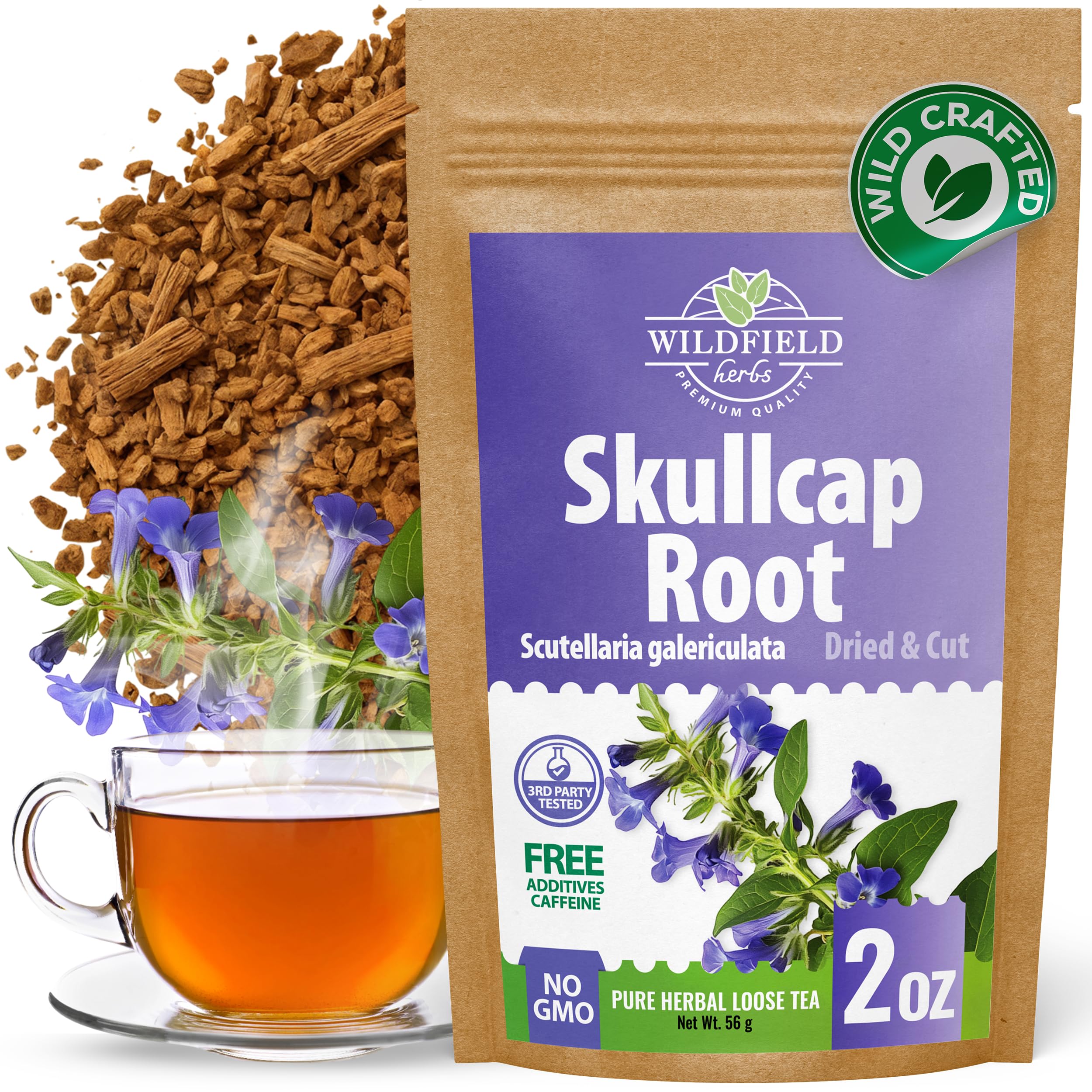 Wildfield Herbs Skullcap Tea box front shows fresh leaves for a fragrant brew