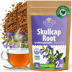 Wildfield Herbs Skullcap Tea box front shows fresh leaves for a fragrant brew