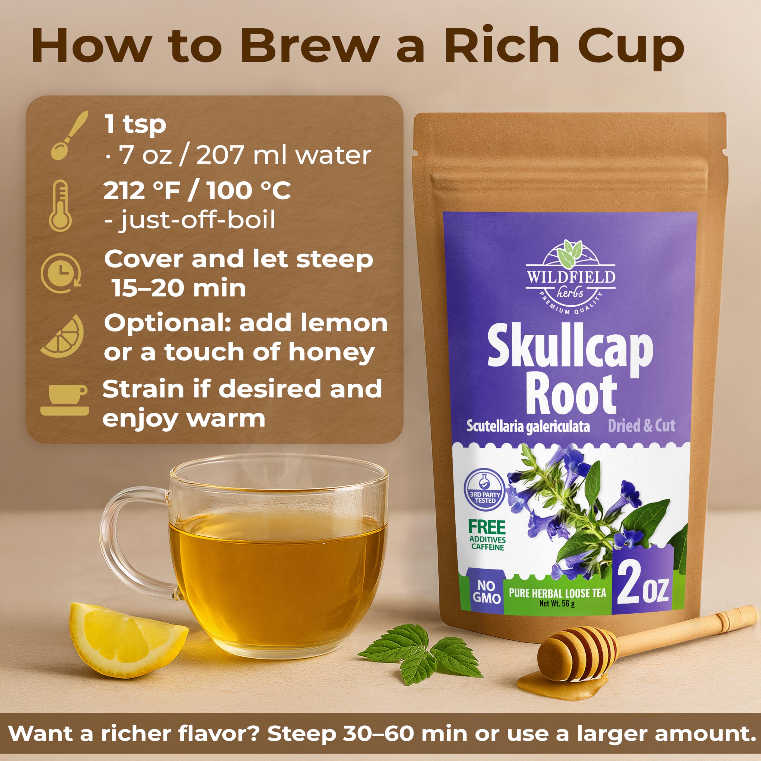 Skullcap Tea steeping in a cup releasing herbal aroma