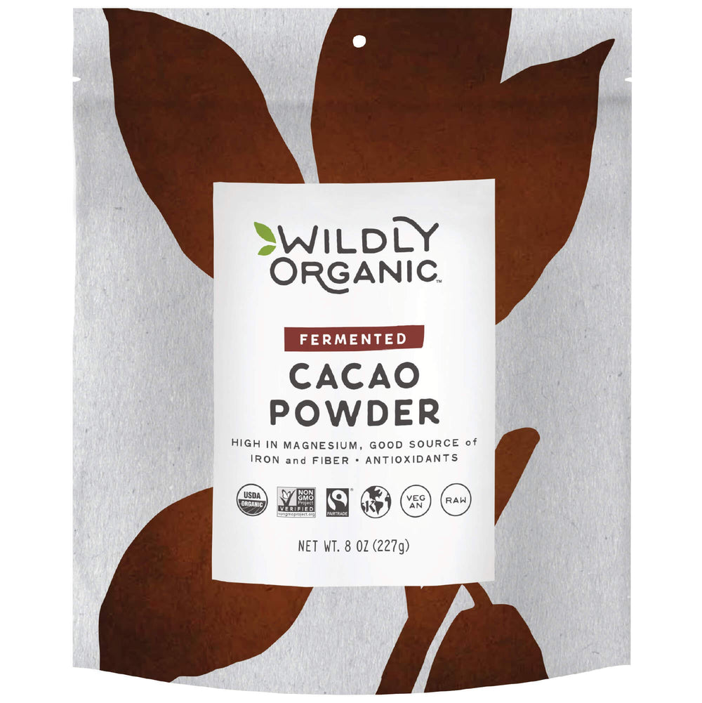 Wildly Organic fermented cacao powder 8oz bag on shelf for baking versatility