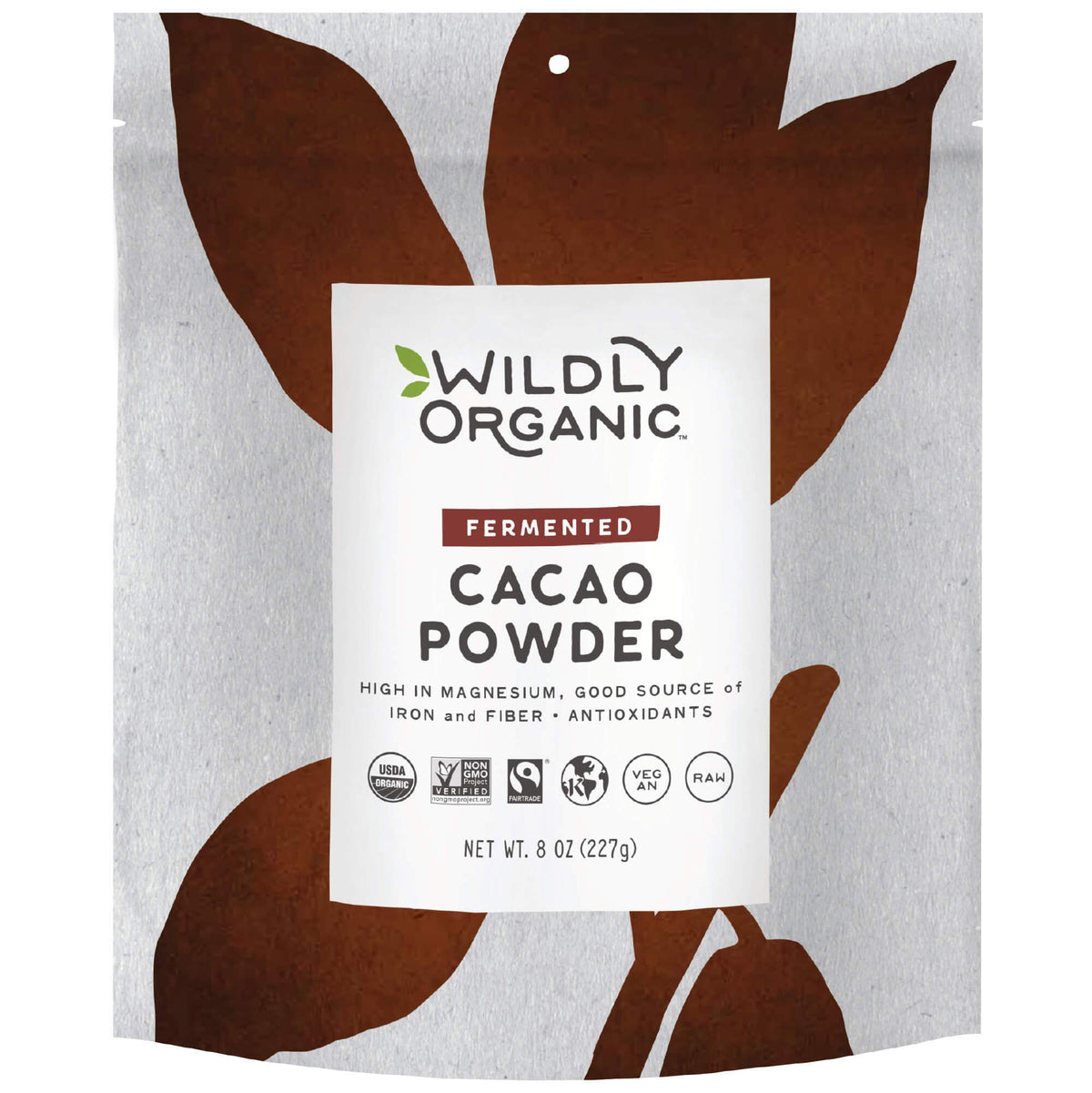 Wildly Organic fermented cacao powder 8oz bag on shelf for baking versatility