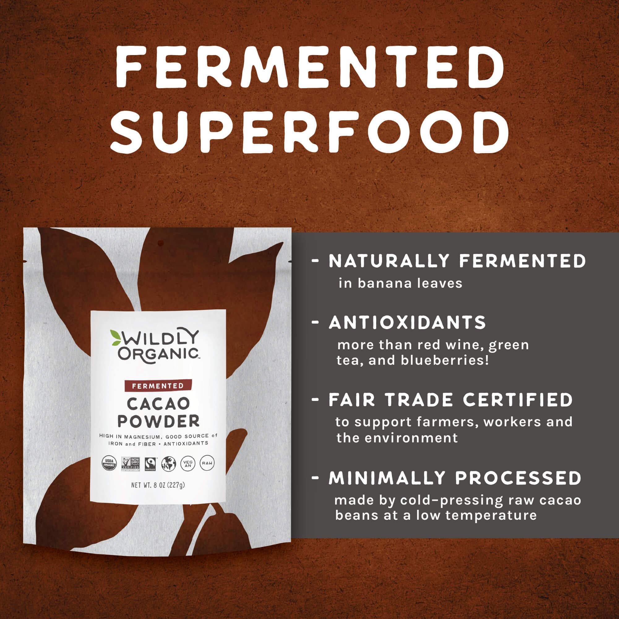 Banana leaf fermentation scene showing Wildly Organic cacao powder