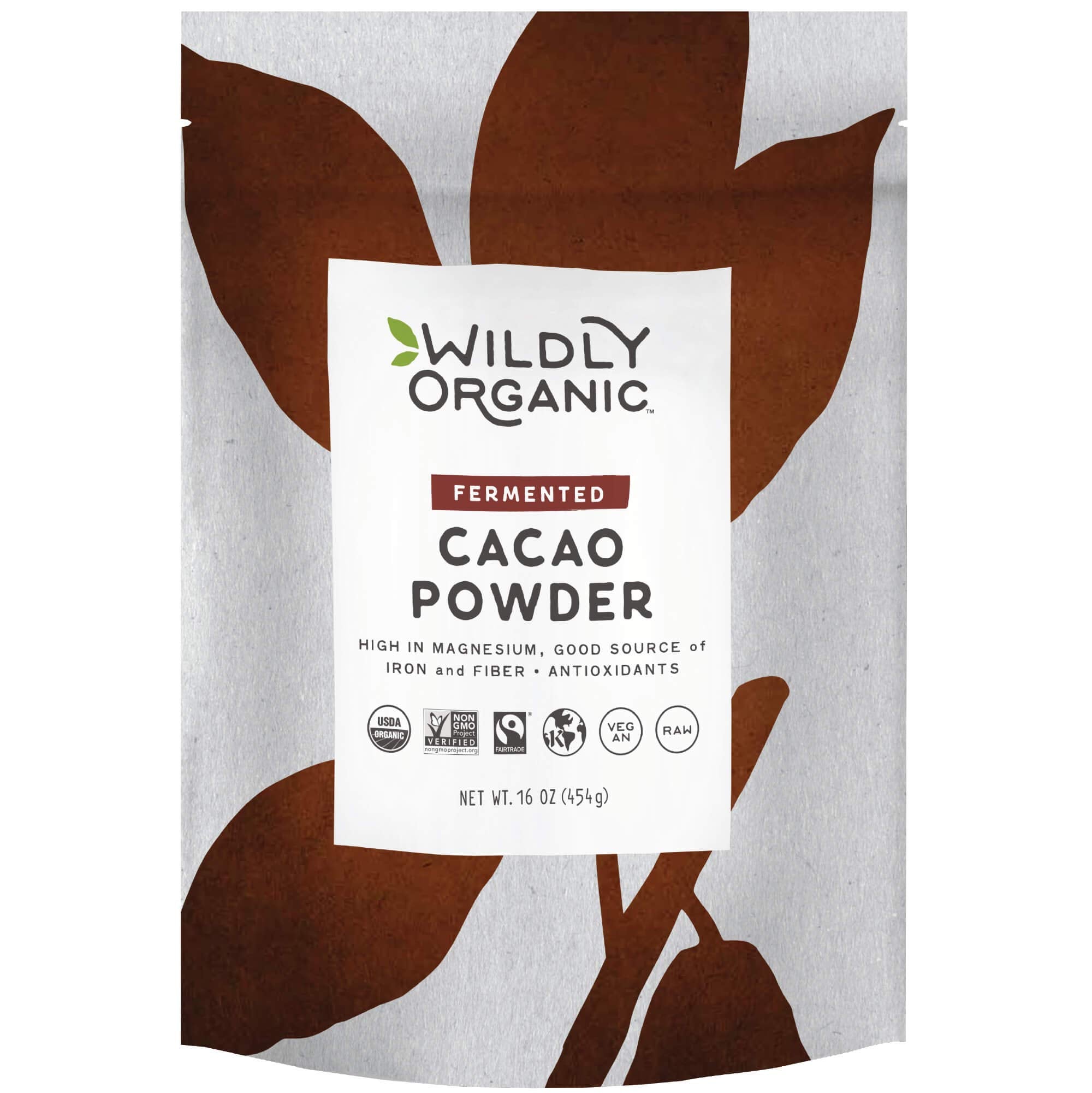 Wildly Organic Fermented Cacao Powder packaging shows premium quality and fair trade sourcing