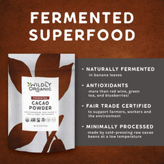 Close-up texture of Wildly Organic Fermented Cacao Powder highlighting fiber