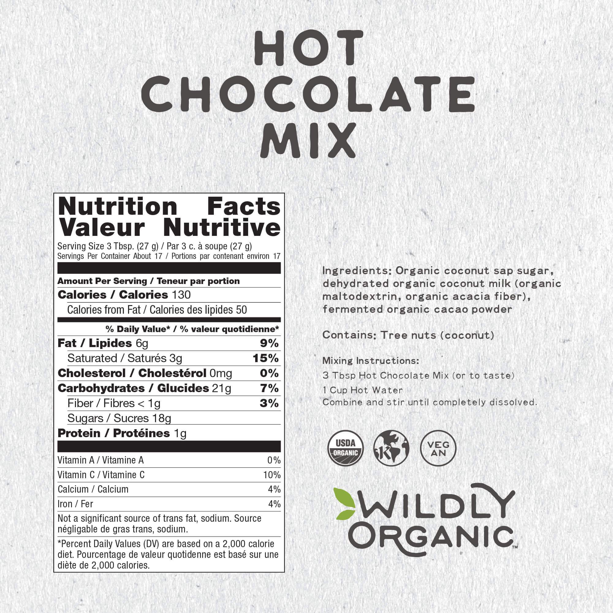 Close-up of Wildly Organic hot chocolate bag showing simple ingredients.