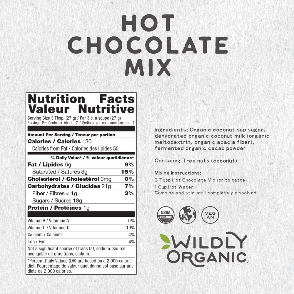 Close-up of Wildly Organic hot chocolate bag showing simple ingredients.