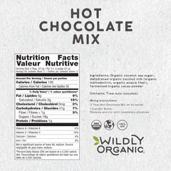 Close-up of Wildly Organic hot chocolate bag showing simple ingredients.