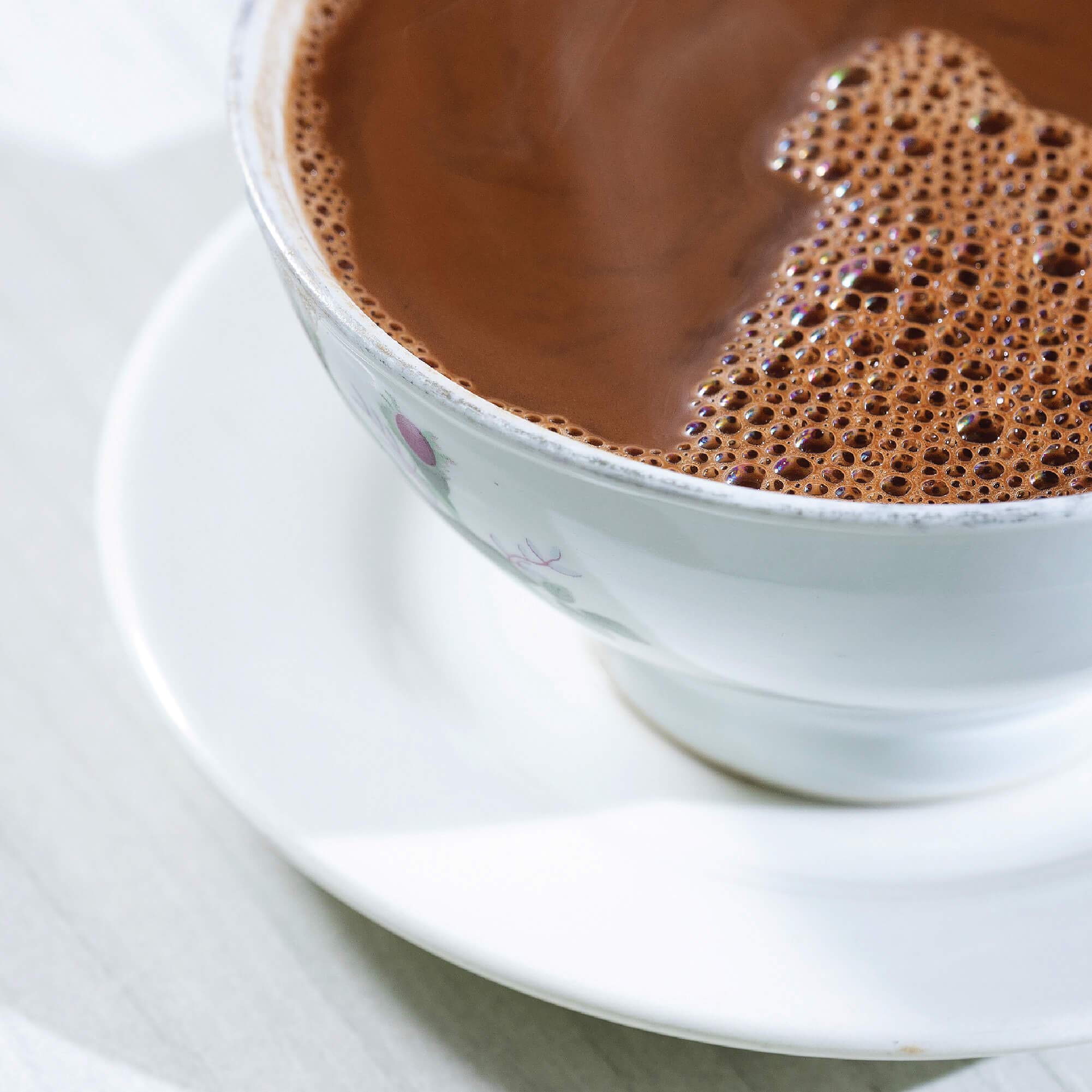 Steaming mug of Wildly Organic hot chocolate, dairy-free and comforting.