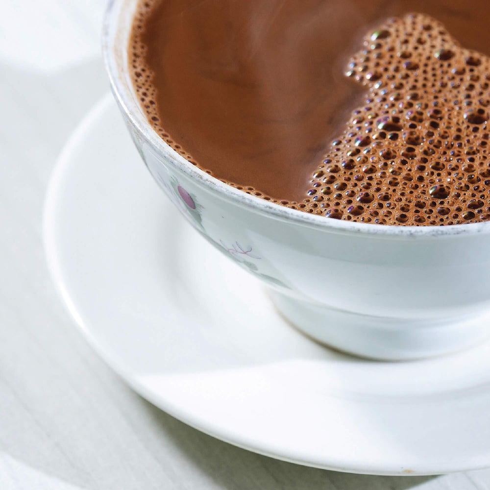 Steaming mug of Wildly Organic hot chocolate, dairy-free and comforting.