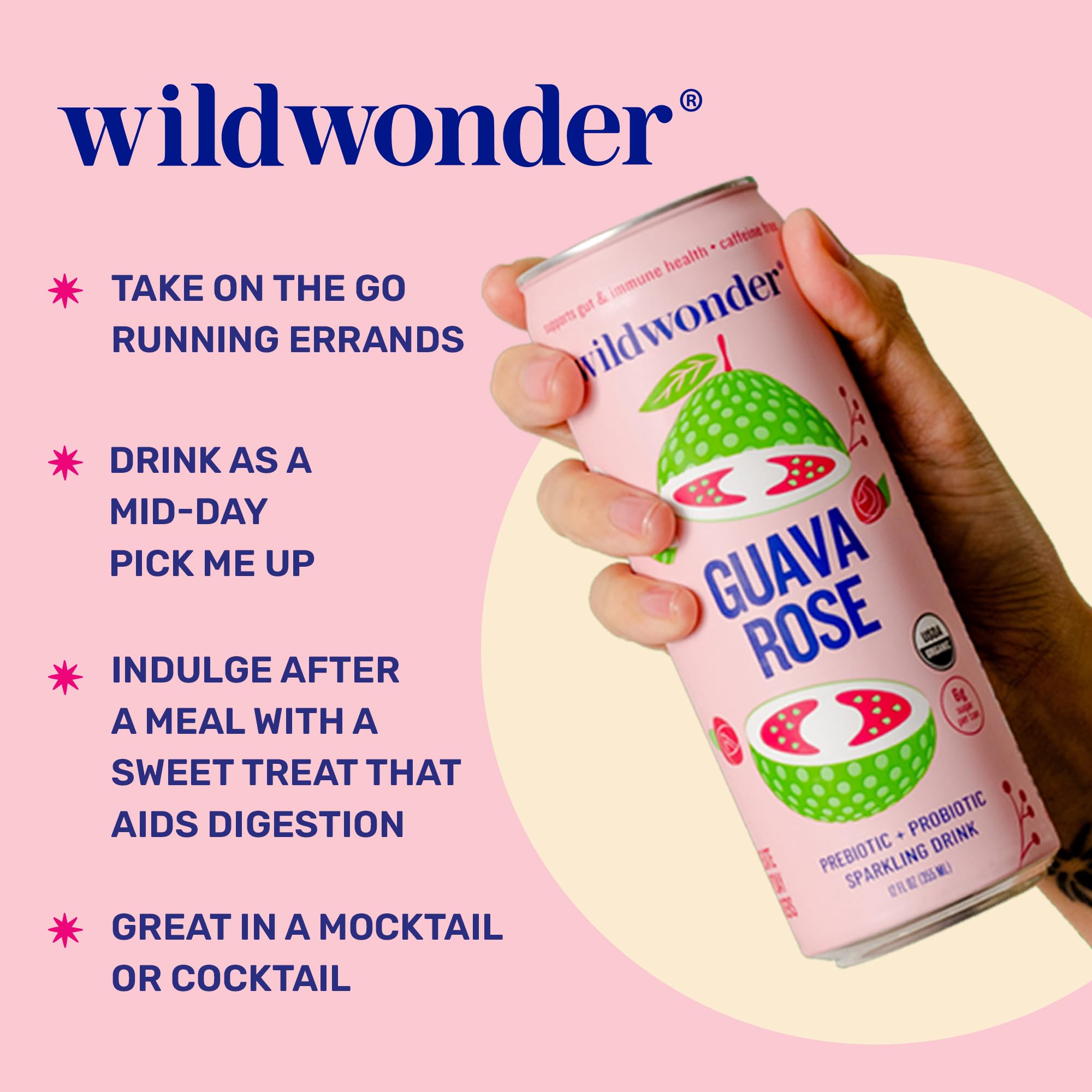 Wildwonder can showing brewed herbs and real fruit for flavor balance