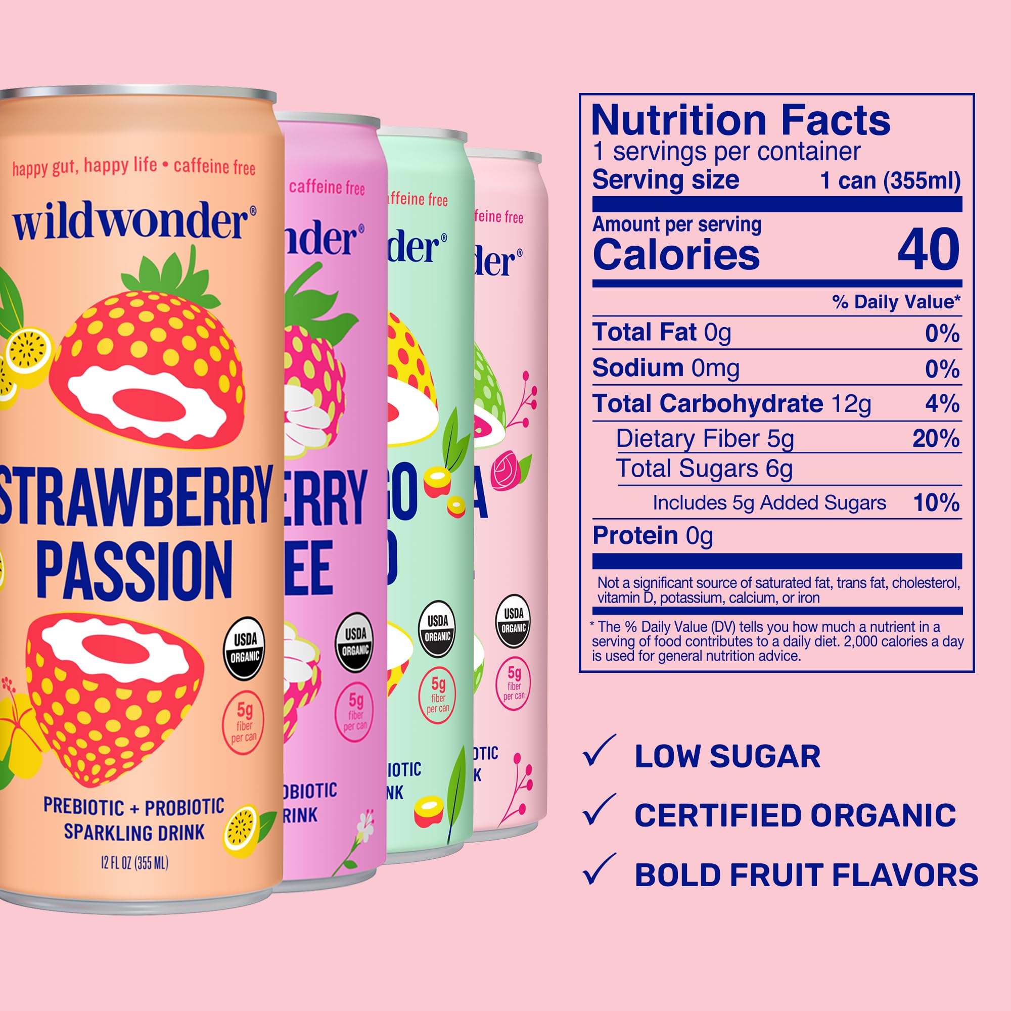 Wildwonder live probiotics label: vegan probiotics and 40 calories per can