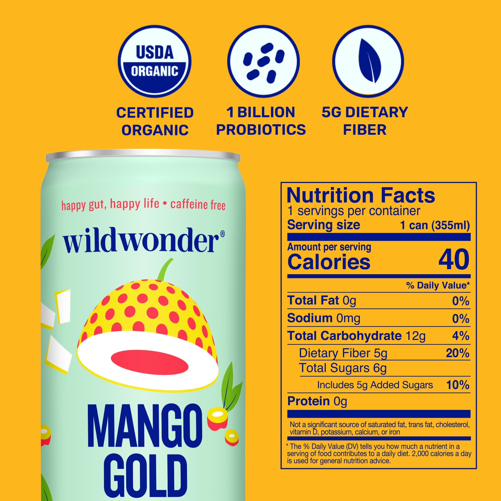 Wildwonder Mango Gold bottle on table beside fresh mango slices, ready to sip.