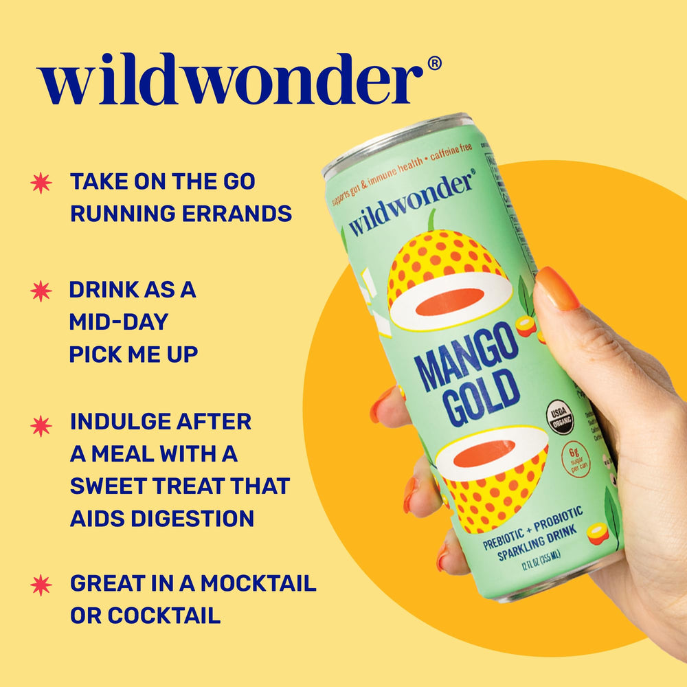 Close-up of Wildwonder Mango Gold label with mango and turmeric infusion, showcasing organic ingredients.