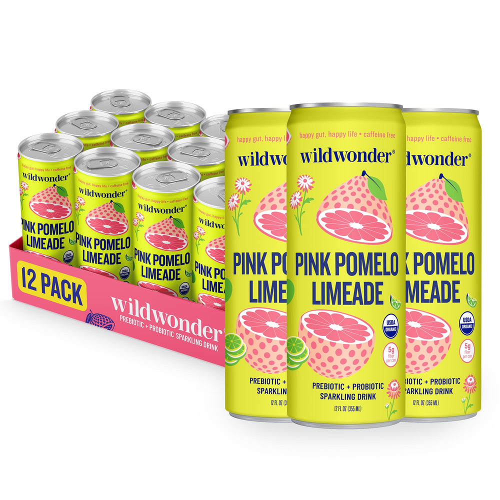 Wildwonder pink pomelo limeade can for on-the-go probiotic refreshment.