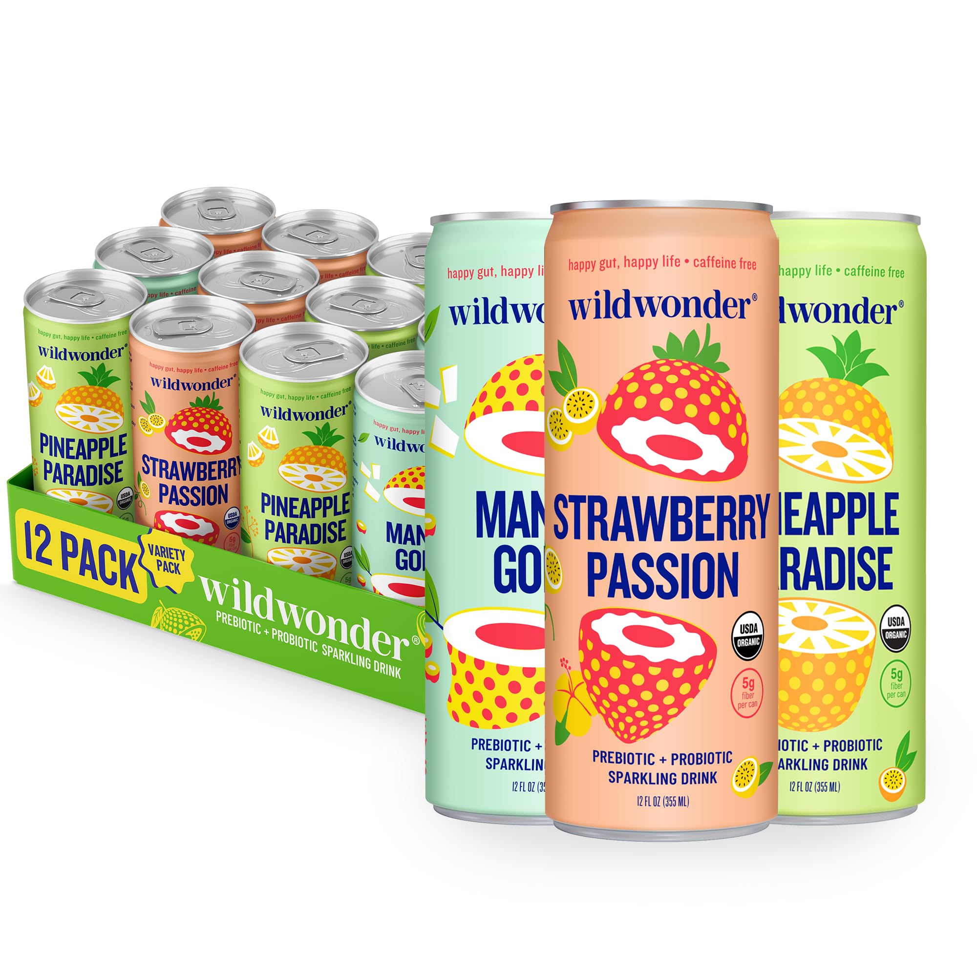 Wildwonder Sparkling Probiotic Drink 12pk Tropical Vibes pack with vibrant, refreshing bubbles