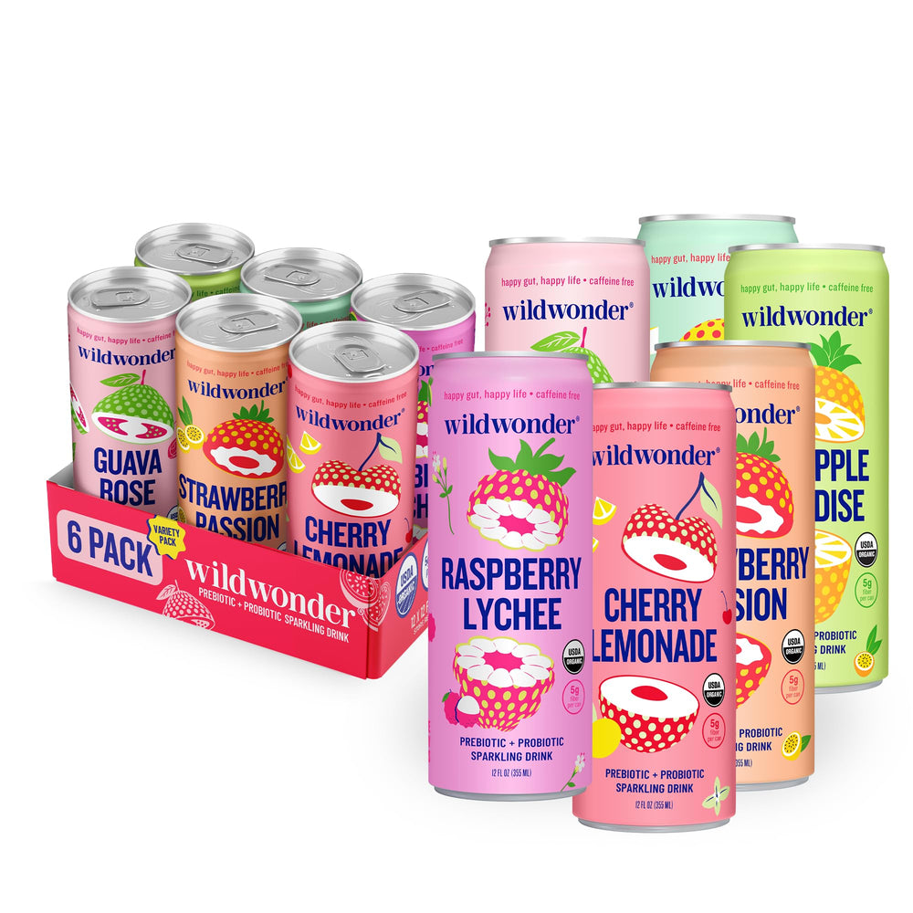 Wildwonder sparkling probiotic drink can shown from the front for a refreshing gut-friendly option.