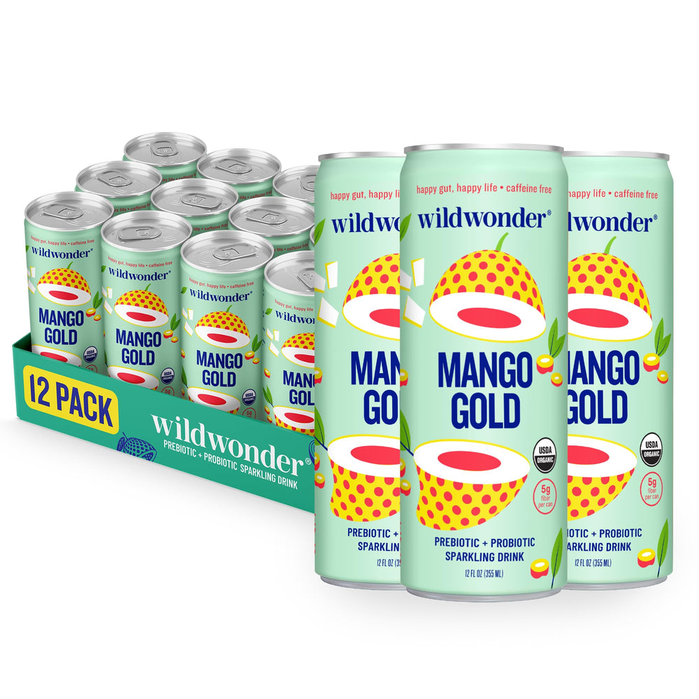 Wildwonder Mango Gold sparkling probiotic drink can with bright fizz for on-the-go gut support.