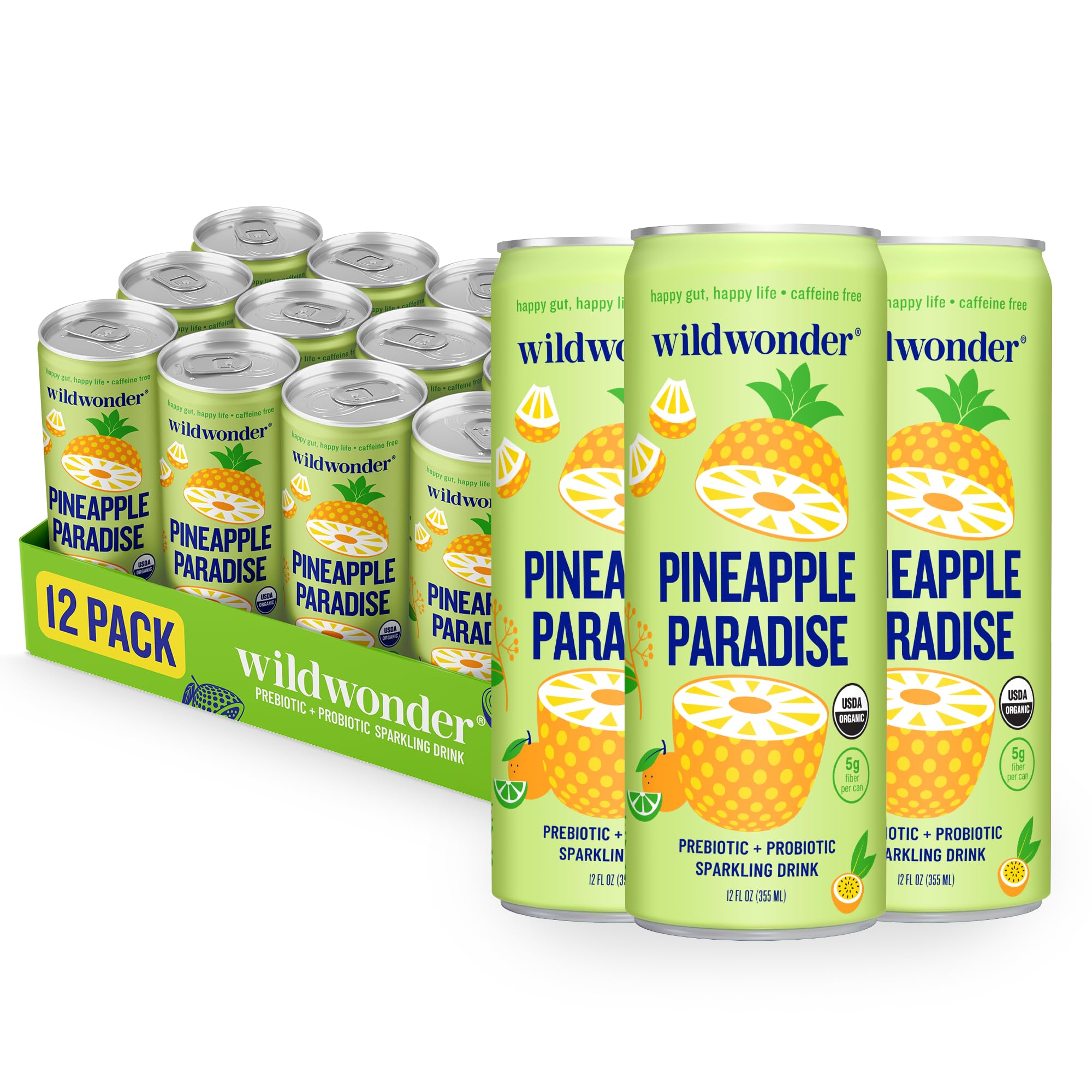 Wildwonder Sparkling Probiotic Pineapple Paradise can close-up with bright pineapple aroma.