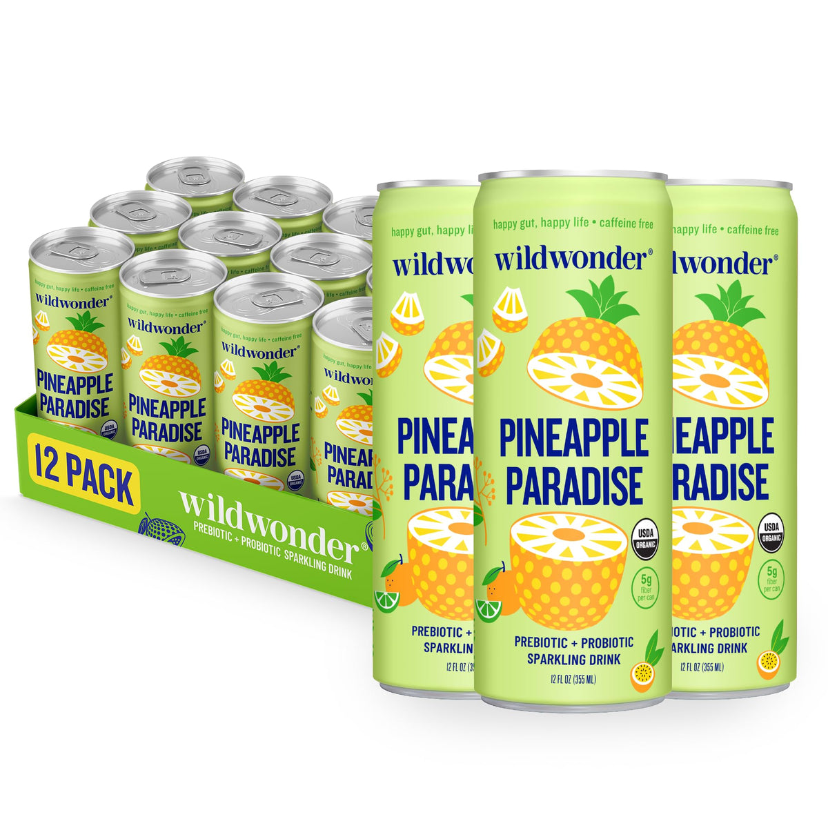 Wildwonder Sparkling Probiotic Pineapple Paradise can close-up with bright pineapple aroma.