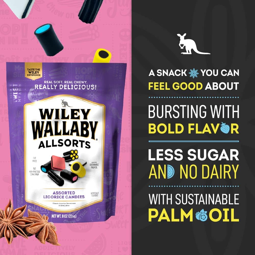 Wiley Wallaby 8-ounce pack image emphasizes convenient resealable packaging for freshness.