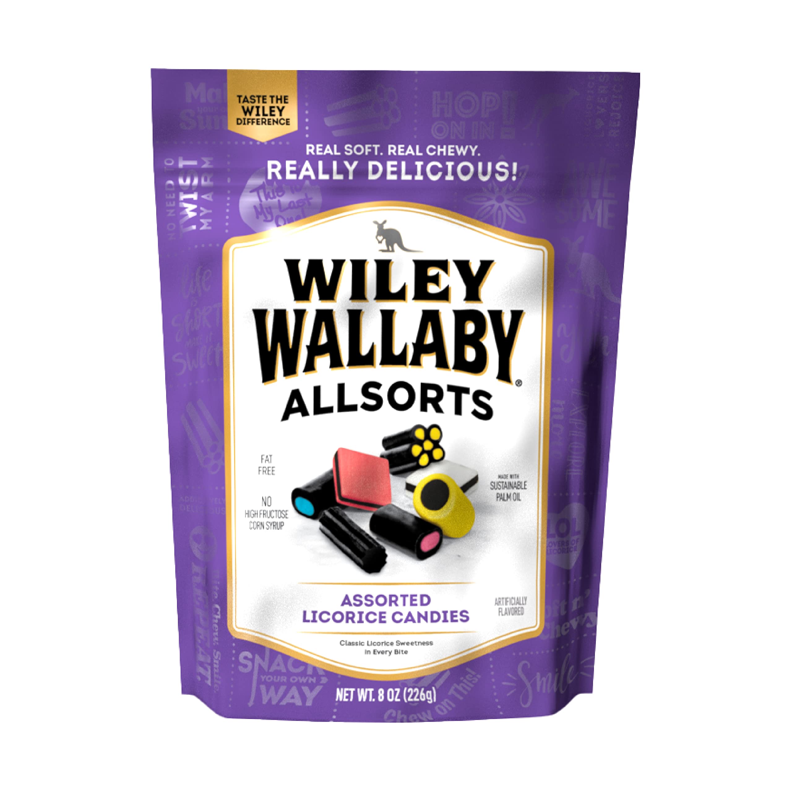 Wiley Wallaby Allsorts bag close-up showing colorful licorice pieces for a tasty variety.