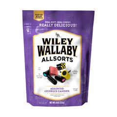 Wiley Wallaby Allsorts bag close-up showing colorful licorice pieces for a tasty variety.