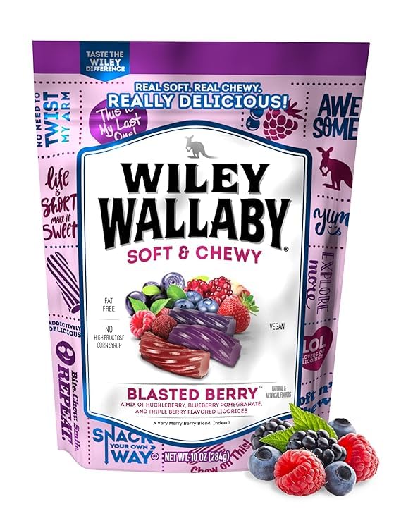 Wiley Wallaby blasted berry licorice twists on a store shelf, soft and fruity, ideal for on-the-go snacking.
