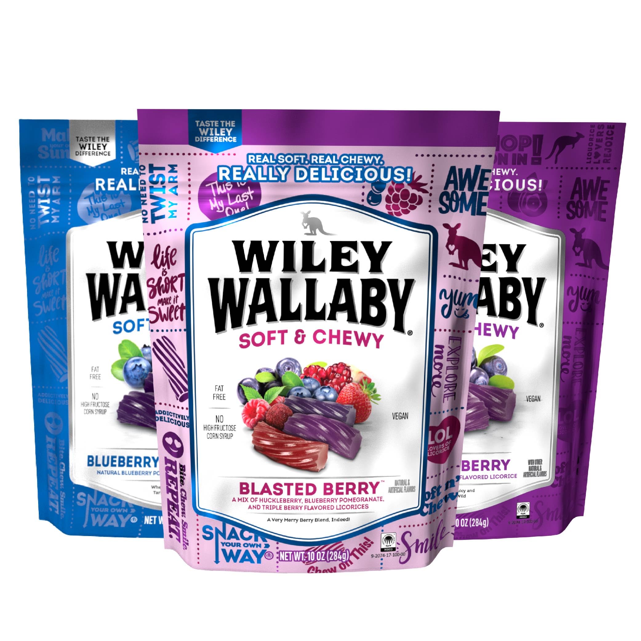 Wiley Wallaby blueberry-pomegranate licorice chunks, soft and fruity for a satisfying treat.
