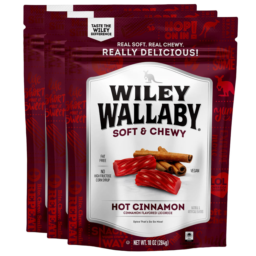 Wiley Wallaby cinnamon licorice twists with soft, chewy texture for a satisfying snack.