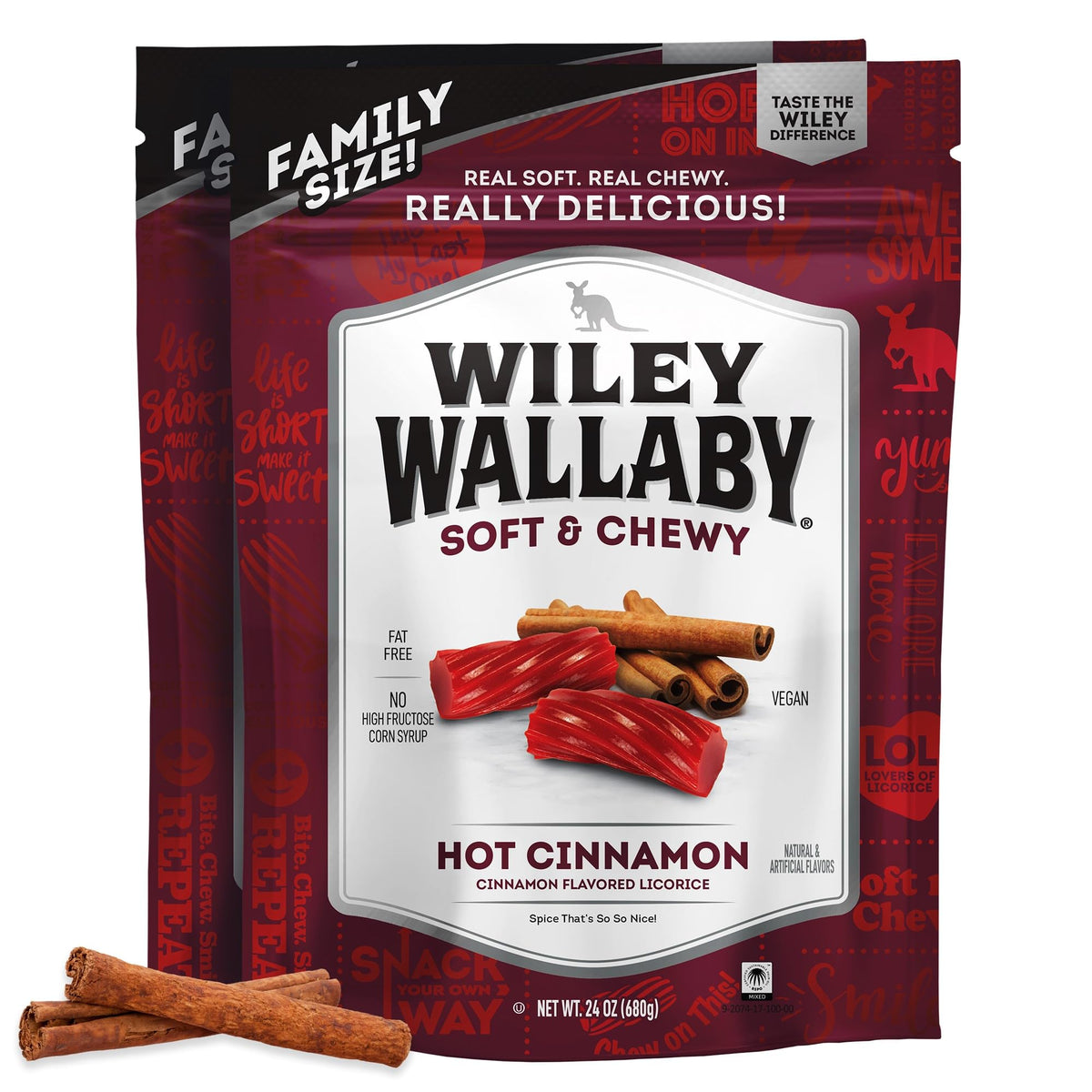 Wiley Wallaby Cinnamon licorice twists in a 24oz pack, chewy and flavorful