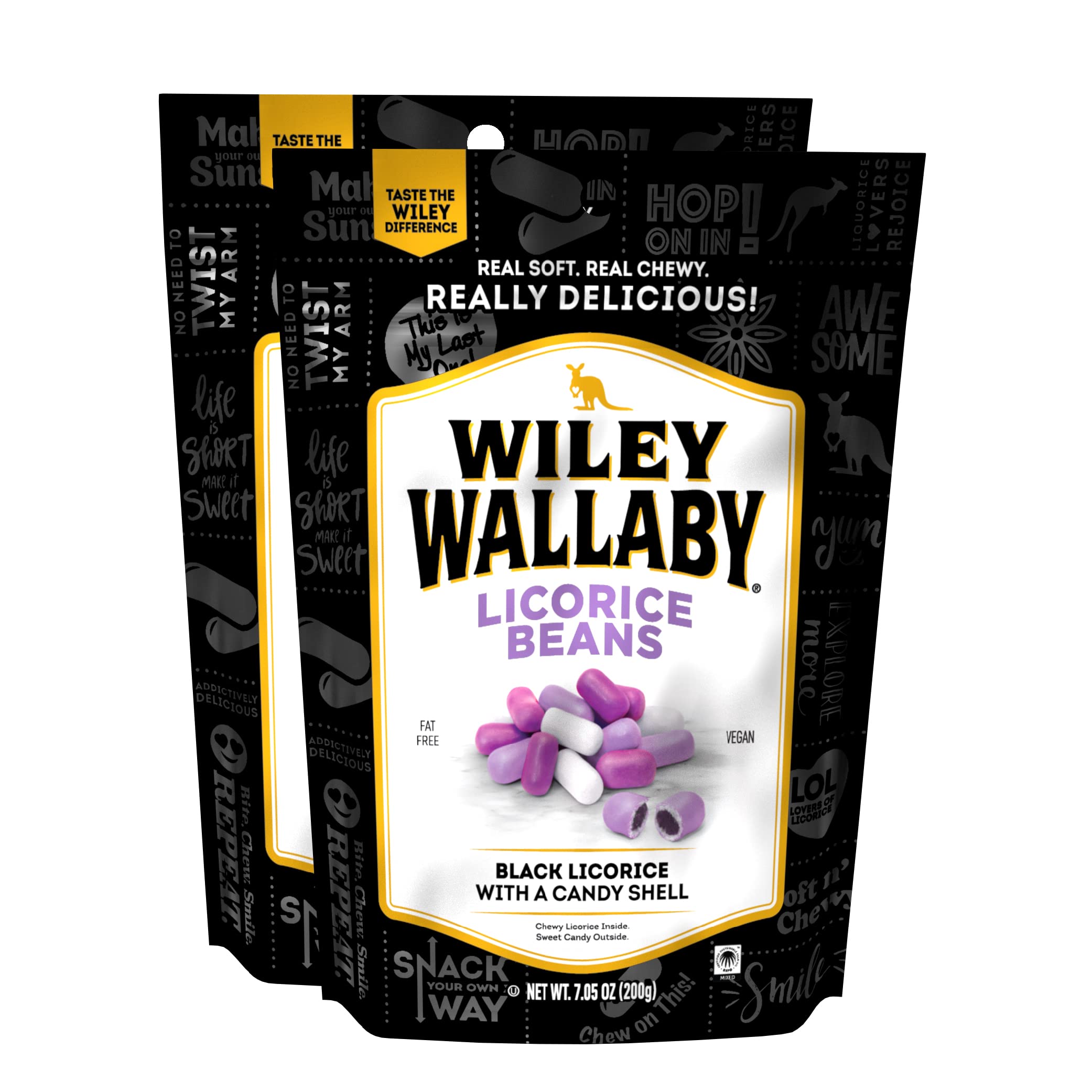 Wiley Wallaby classic black licorice beans with candy shell offering a bold bite