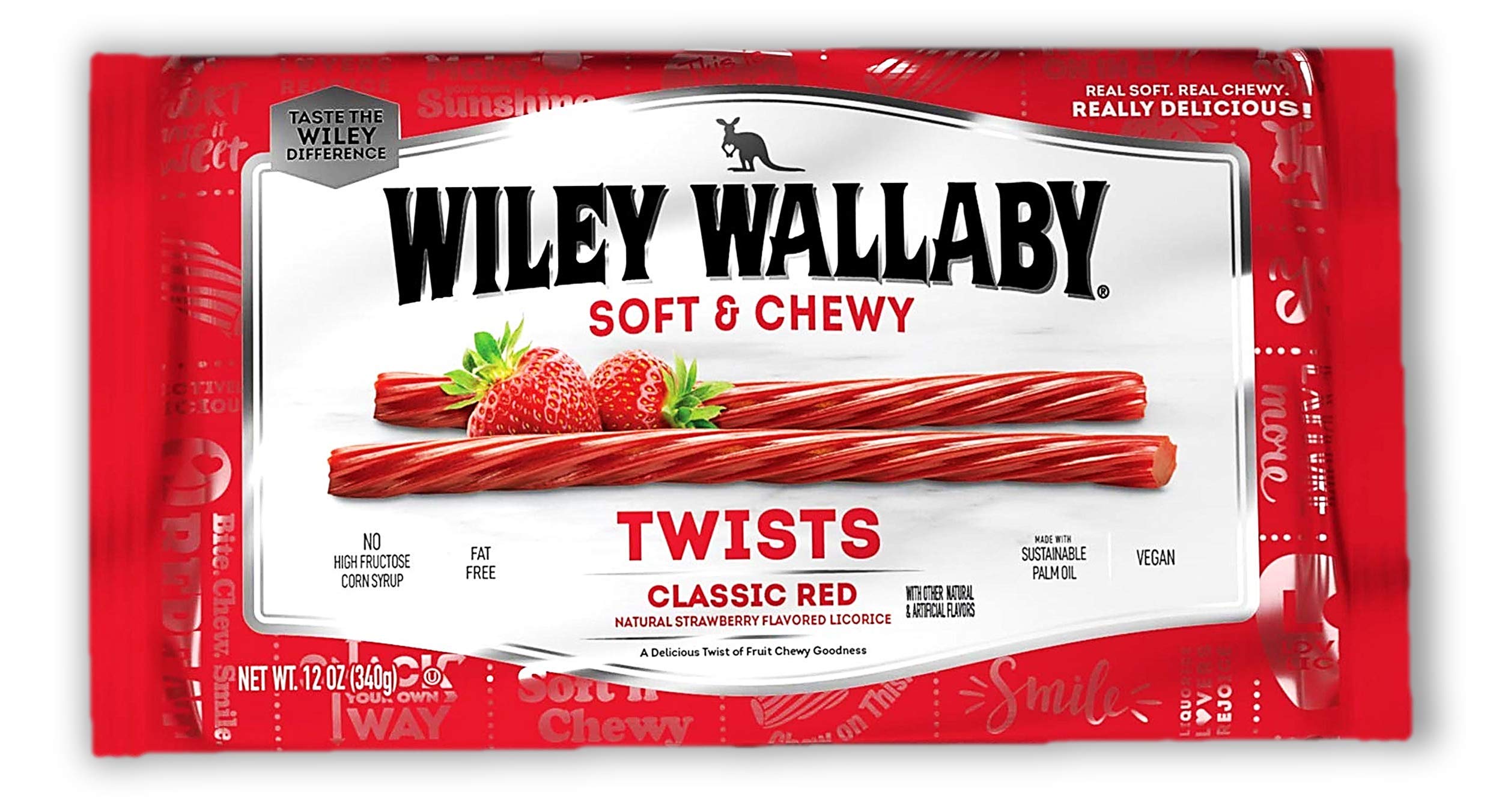 Wiley Wallaby Classic Red Twists bag showing soft, chewy licorice for easy snacking