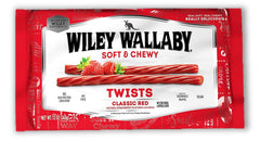 Wiley Wallaby Classic Red Twists bag showing soft, chewy licorice for easy snacking
