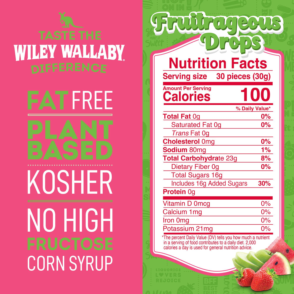 Wiley Wallaby Fruitrageous Drops inside bag with open pour and fruity colors.