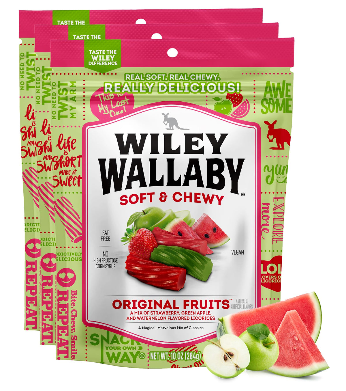 Wiley Wallaby Original Fruits licorice chunks offer fruity flavor in a soft, chewy bite for snacking.