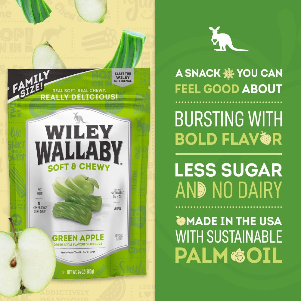 Wiley Wallaby thick green apple licorice chunks for a satisfying chew.