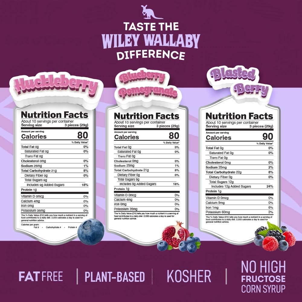 Wiley Wallaby huckleberry licorice chunks with bold berry flavor in every bite.