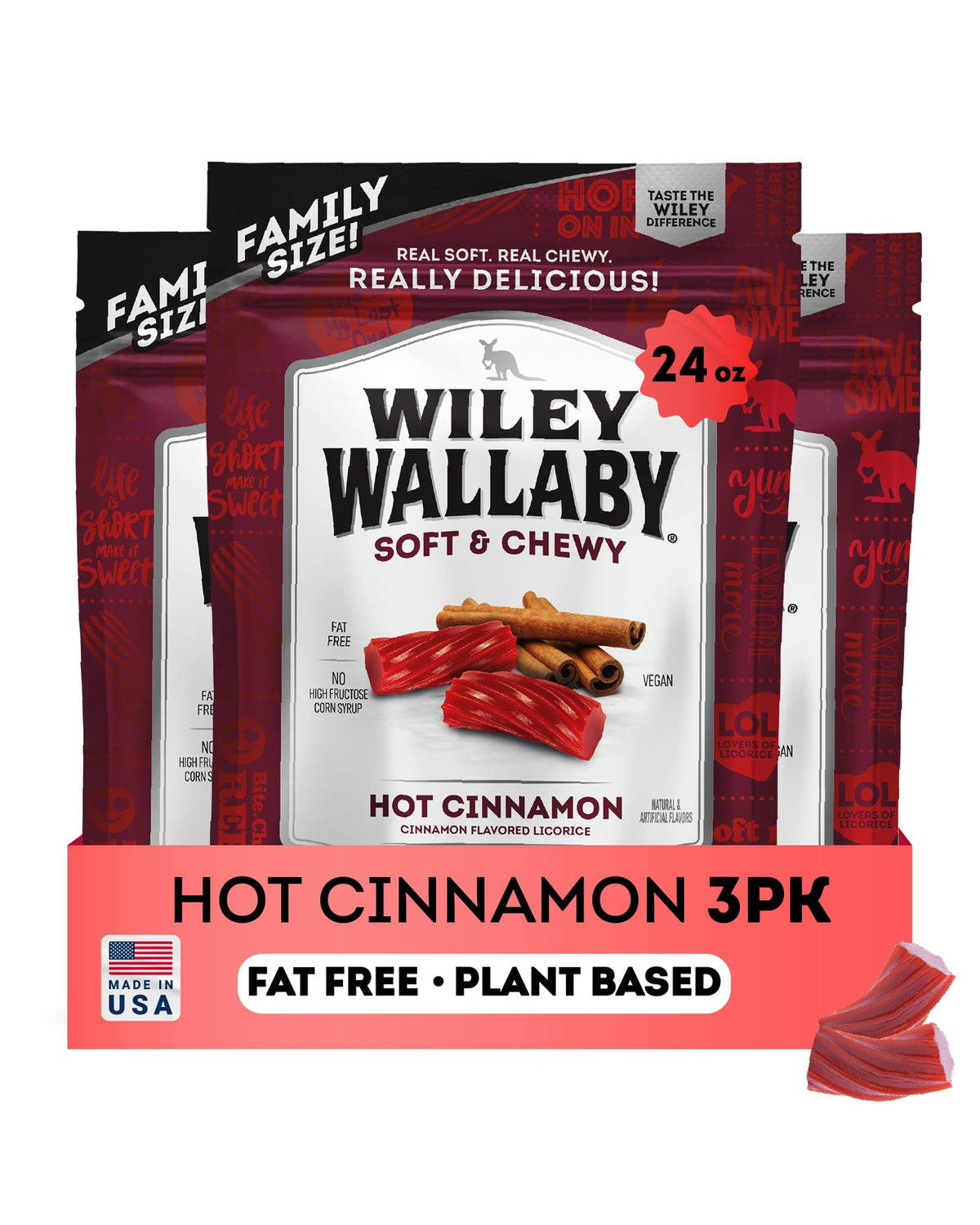 Wiley Wallaby licorice 24oz pack showcasing generous cinnamon bites for sharing.