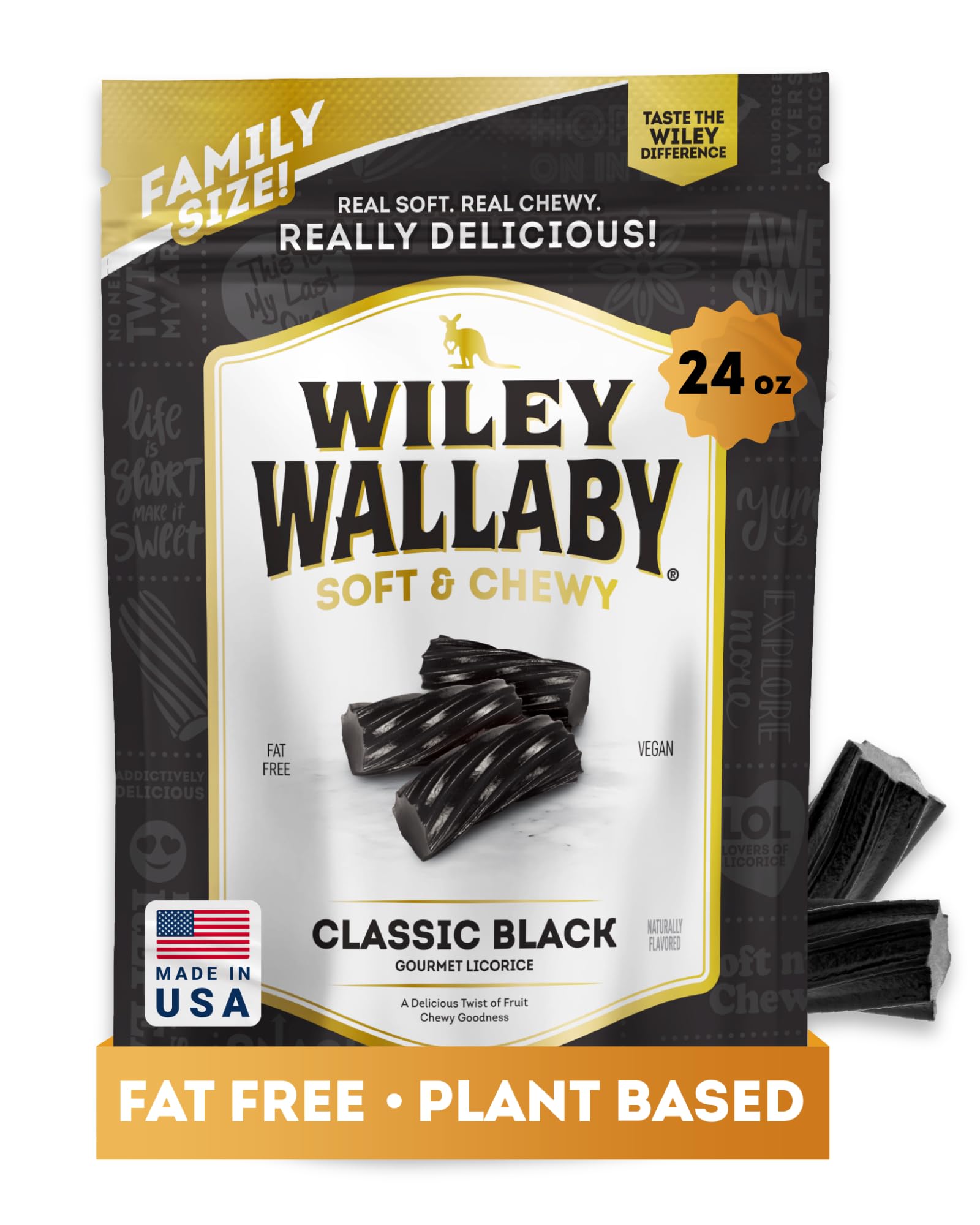 Wiley Wallaby licorice bag closeup highlighting a resealable pack for on-the-go snacking.