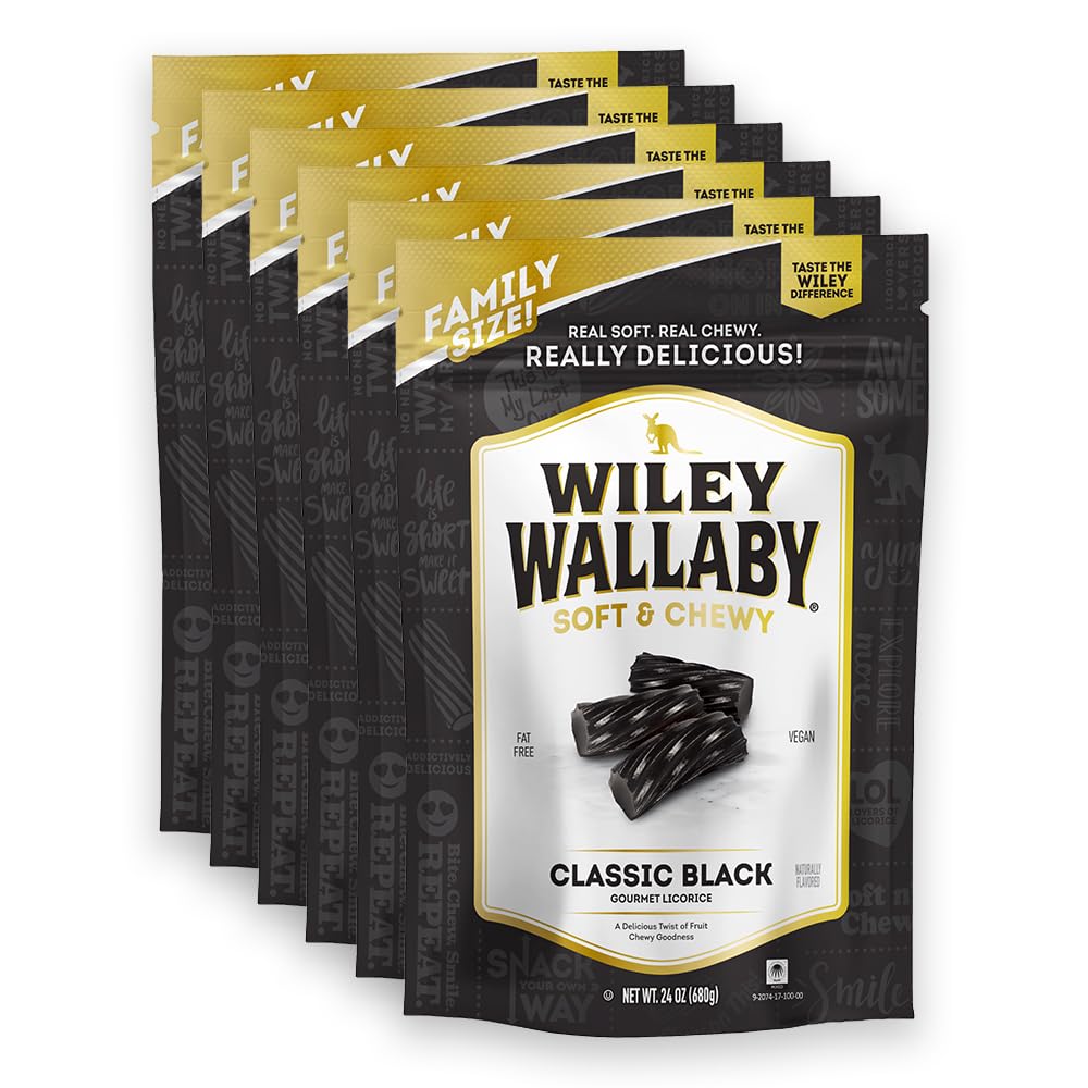 Wiley Wallaby black licorice twists in a bag, soft and chewy for on-the-go enjoyment.