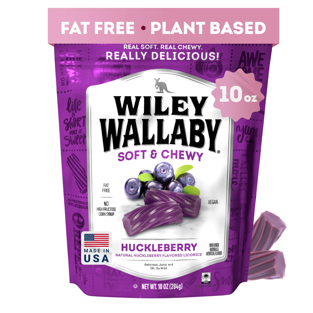 Wiley Wallaby licorice huckleberry chunks in a resealable bag, soft and fruity, ideal for snacking.
