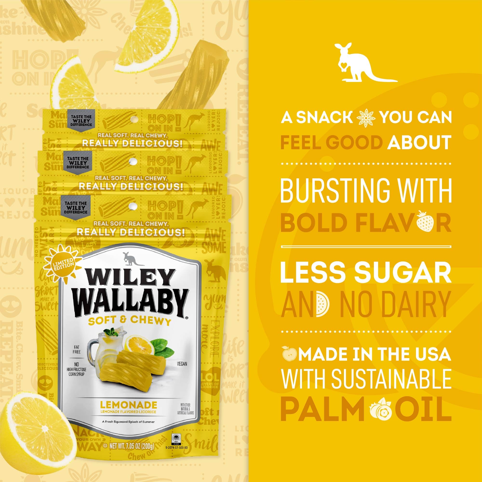 Wiley Wallaby Lemonade Licorice bag open for on-the-go snacking.